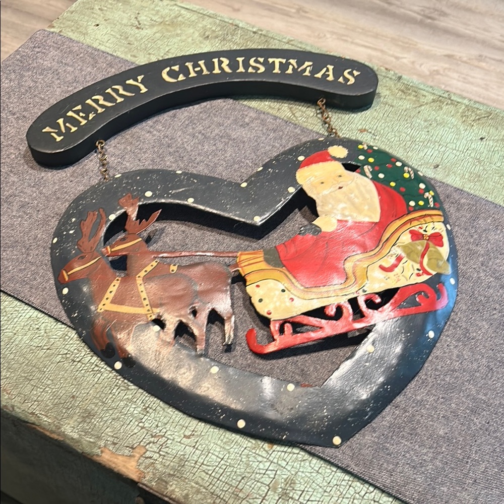 Folk Art Tin & Wood Sign- Merry Christmas with Santa Clause, Reindeer and Sleigh